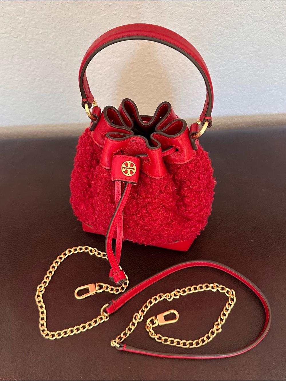 Tory Burch Red Shearling Mini Drawstring Bucket Bag with Gold Chain